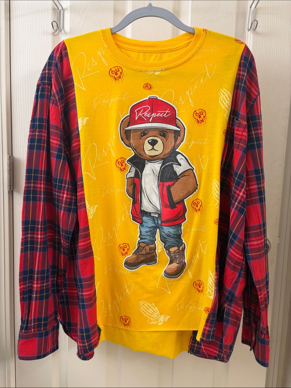 Respect Bear Plaid Sleeve Long Sleeve Tee - Yellow & Red